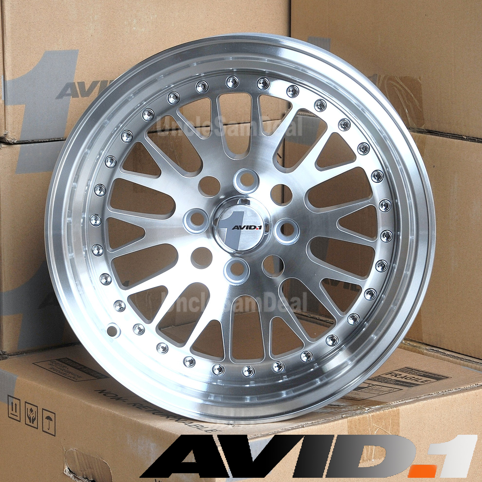 15" 15x8 4x100 ET25 AVID.1 AV12 MACHINE SILVER FACE LIP MESH TUNER
