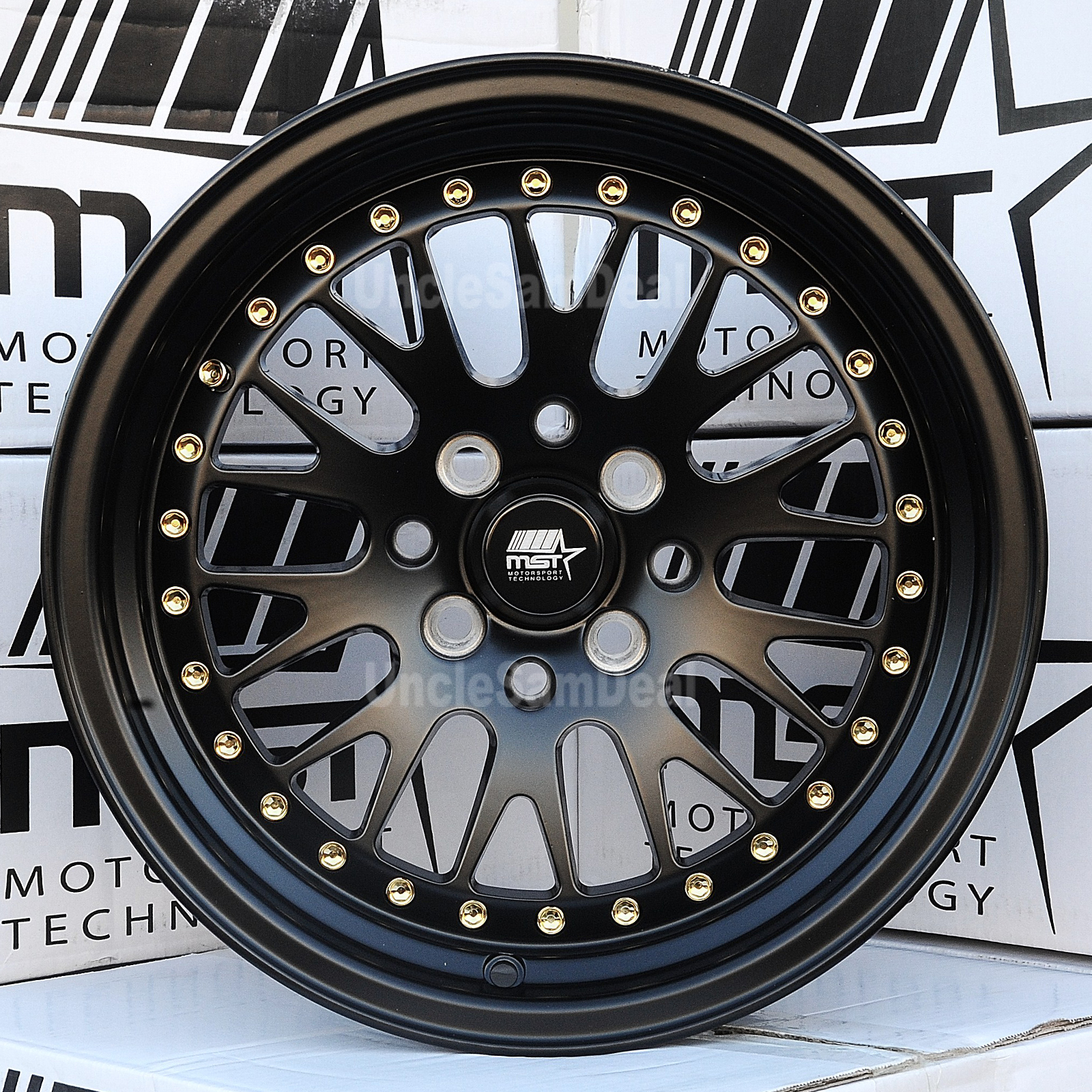15 15x8 4x100 114 3 25 MST MT10 MATTE BLACK MESH LIP W GOLD RIVETS 15-15x8-4x100-114-3-25-mst-mt10-matte-black-mesh-lip-w-gold-rivets