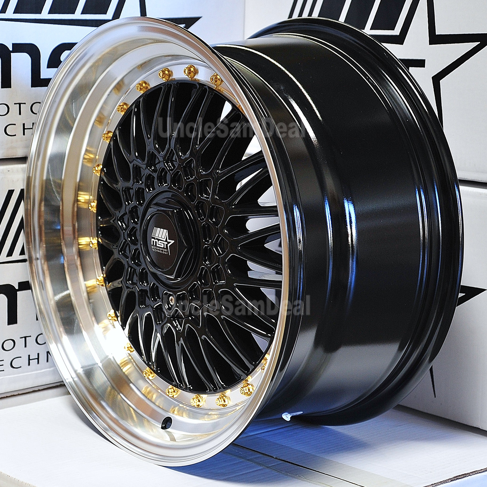 15x8 4x100 4x108 +20 MST MT13 BLACK MESH SILVER LIP GOLD RIVET WHEELS