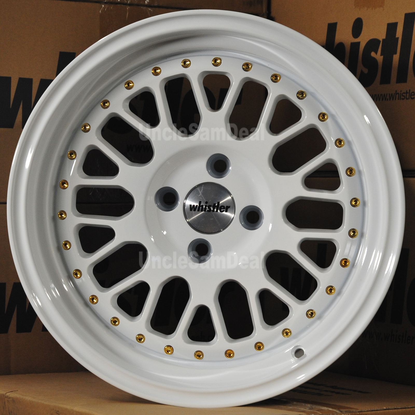 16x9 4x100 15 OFFSET Whistler SK1 Gloss White w/Rivet Mesh Spokes