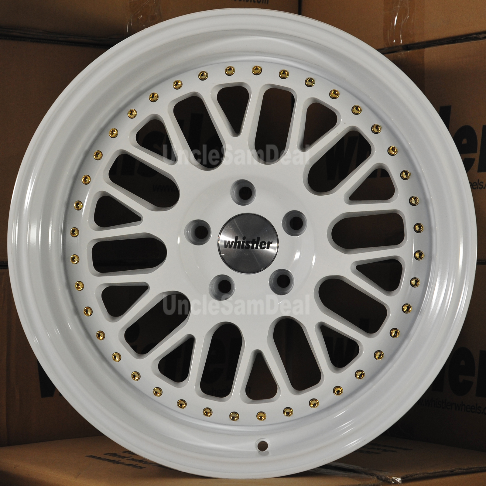 18x9.5 5x100 35 OFFSET WHISTLER SK1 GLOSS WHITE w/RIVET MESH