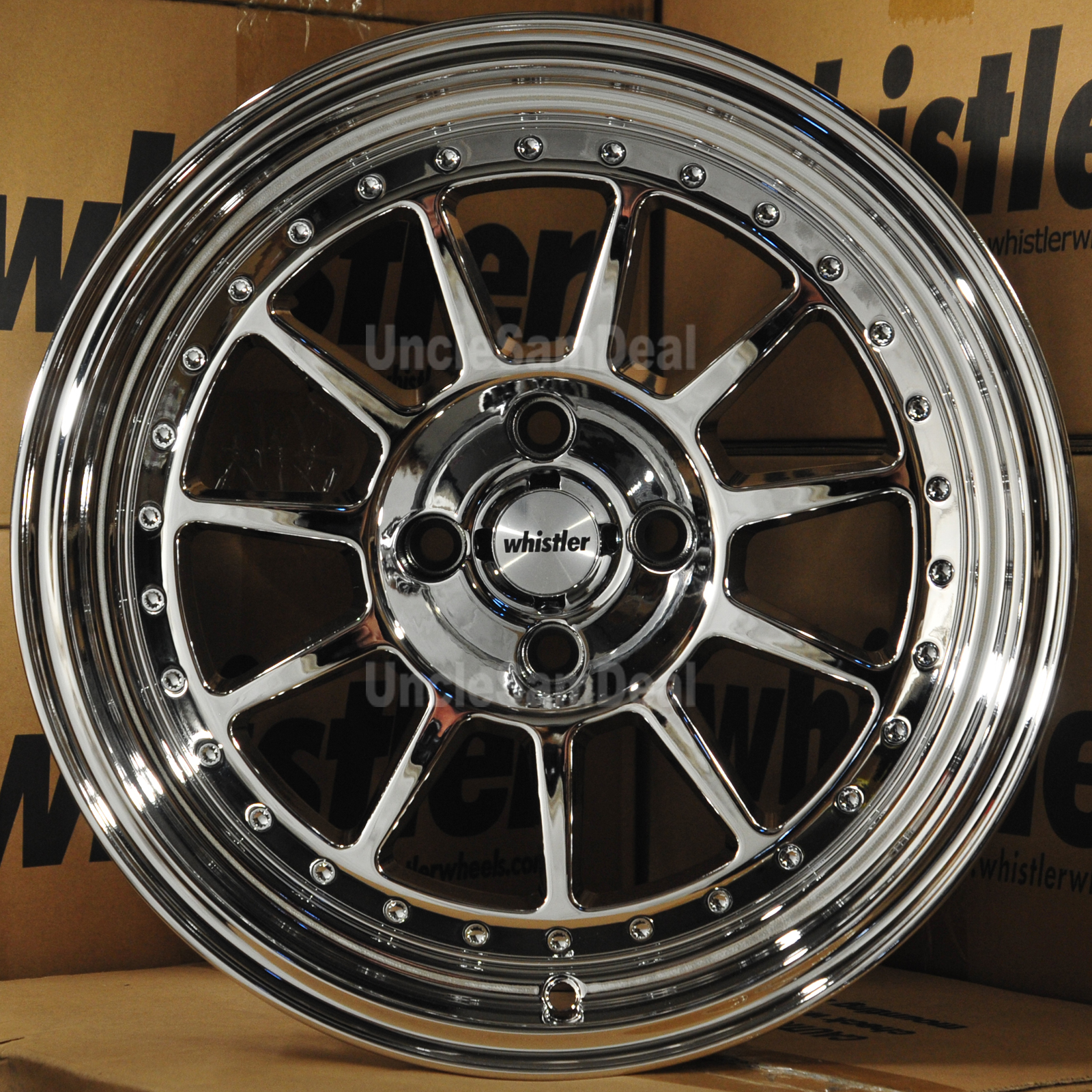 16x8 4x100 20 OFFSET WHISTLER SK11 PVD CHROME RIVET w/LIP 11